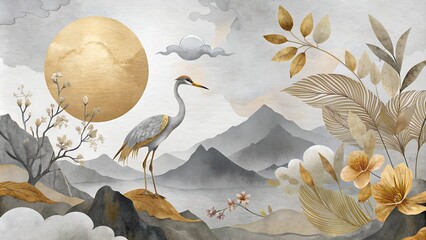 Landscape with gold silhouette crane birds.