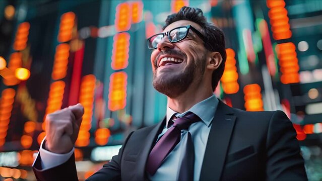 Trader exulting in front of soaring stock charts, embodying the thrill of a successful trade