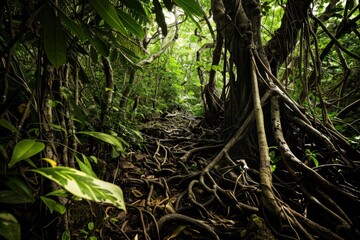 Wander through a maze of twisted vines and tangled roots that crisscross the rainforest floor, creating a labyrinthine landscape ripe, Generative AI