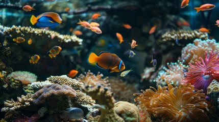 World Ocean Day concept of colorful tropical fish in coral reefs.