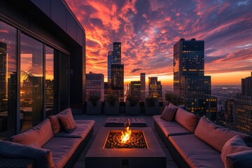 Modern rooftop terrace with a view over the city. Sunset and city lights. Evening on rooftop...