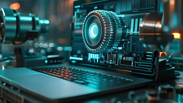 Closeup on a PLC being managed by a laptop, machinery gears active, in a futuristic blue glow