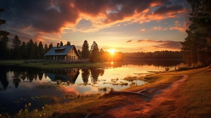 Fototapeta na wymiar Beautiful shot of a lake dreamy rural house golden hour sunset Peaceful landscapes