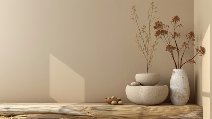 Zen minimalist interiors with natural elements and soft textures.