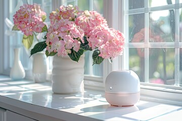 Automatic home air freshner next to pink hydrangea flowers, house fragrances and scents for cozy home atmosphere