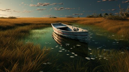 There is a boat that is sitting in the water near the grass generative ai