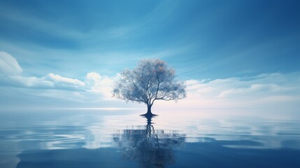 Fototapeta na wymiar A tree is standing in the middle of the water in the style of light blue