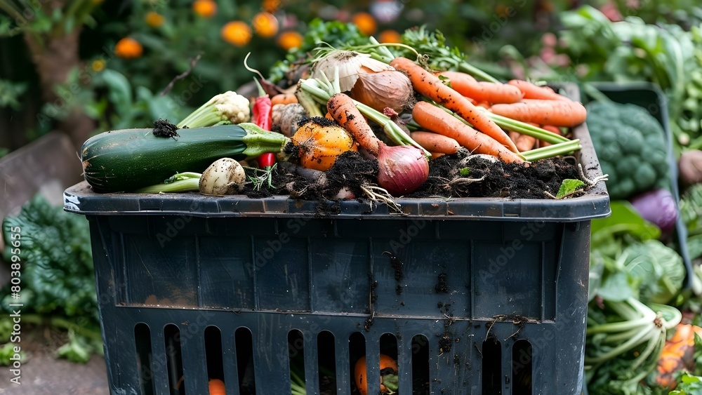 Poster reduce food waste by composting uneaten spoiled vegetables in trash container . concept reducing foo
