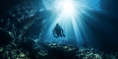 Underwater exploration scuba deep sea diver swimming in a deep ocean cavern
