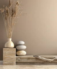Zen minimalist interiors with natural elements and soft textures.
