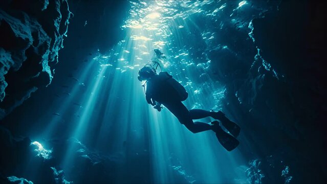Solo scuba diver woman exploring the deep sea, illuminated by the natural light from above