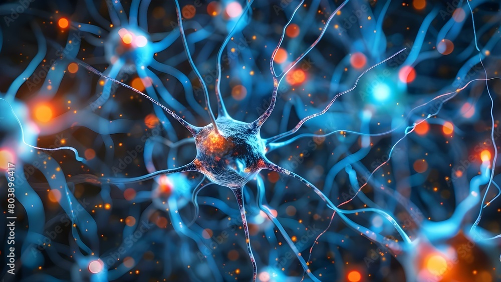 Poster microscopic view of neuron cells in neural network for neuro research. concept neuron cells, neural 