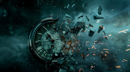 Time is passing away Concept clock breaks down into pieces