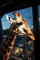 Curious giraffe looking through glass window