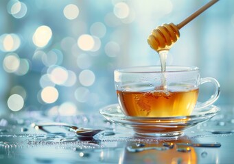 Golden honey dripping into a clear tea cup on a saucer, with a soft bokeh background, creating a serene scene. Created with Generative AI