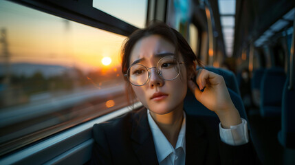 Asian businesswoman in stressful she use one hand Hold her temples and looking out the window while traveling on the train,her face look stress and exhausted, 