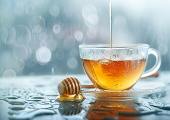 A cozy image of honey being drizzled into a glass teacup, with a rainy window in the background. Created with Generative AI