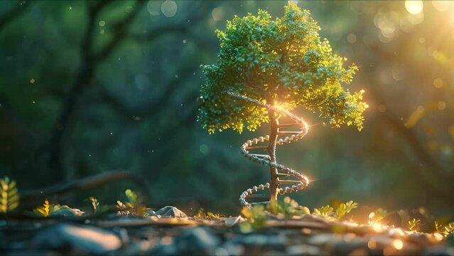 DNA helix transforming into a tree in a 3D illustration, depicting lifes progression