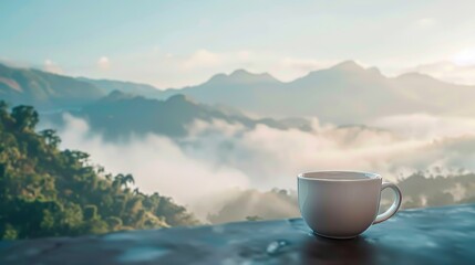 A tranquil morning with a cup of coffee overlooking misty mountain valleys. Created with Generative AI