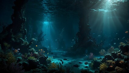 A scene of an underwater abyss, where bioluminescent creatures dance in the depths ai_generated - obrazy, fototapety, plakaty