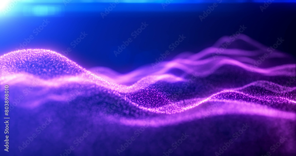 Poster purple energy glowing magic waves from particles of lines with light rays. abstract background