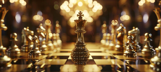 an image showing a golden king standing in the middle of the chess,