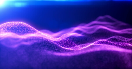 Purple energy glowing magic waves from particles of lines with light rays. Abstract background