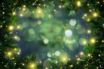 Obraz premium Beautiful fairy lights pattern with leaves around the frame with blank center for background