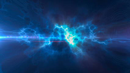 Blue energy glowing magic waves and electric lightning charges high-tech digital iridescent liquid plasma with light rays lines and energy particles. Abstract background
