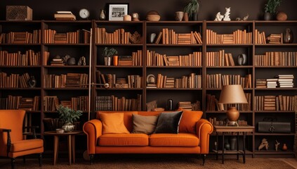 cozy home library with orange sofa and bookshelves