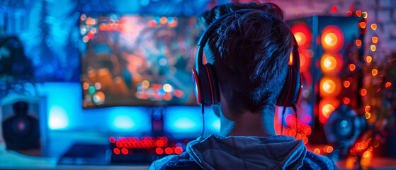 A young man sits in front of the computer, wearing headphones and playing video games with his...