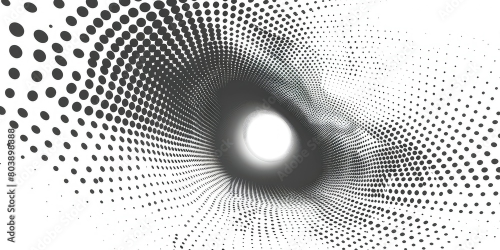 Poster vector halftone background with dots in the shape of an abstract tunnel or wormhole. black and white