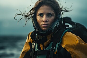 Fototapeta premium portrait of a determined female diver in stormy weather