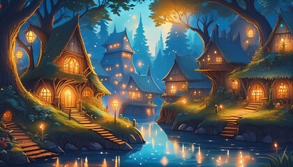 A fantasy scene beautiful Elf village in a fantastic fantasy world treehouses in the forest the sound of water, and sparkling fireflies