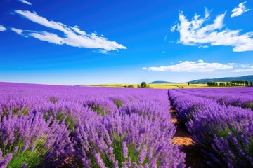 Vibrant lavender field under blue sky