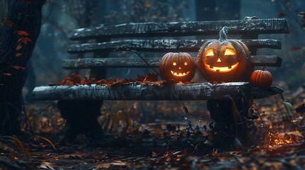 Amidst the eerie silence of a haunted forest, the ominous glow of Jack O' Lanterns highlights a weathered wooden bench, evoking a sense of foreboding on a spooky Halloween night. - Powered by Adobe