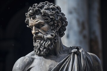 Dramatic stone sculpture of a bearded figure