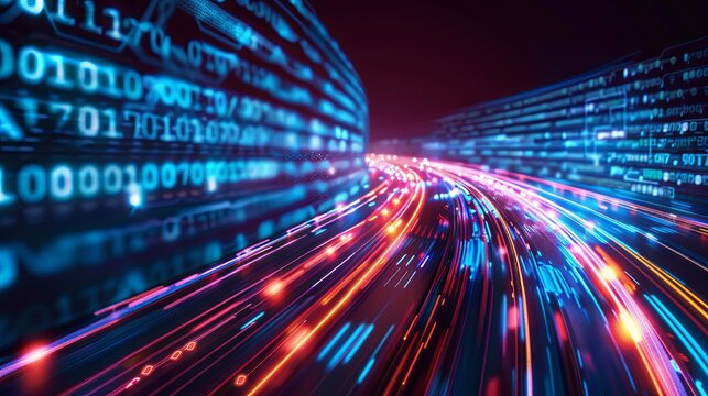 Modern data stream highway illuminated in vibrant neon colors