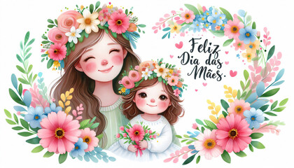 Cartão de felicitações para o dia das mães. Mãe e filha em um fundo de flores em forma de coração, ilustração em estilo aquarela. Feliz Dia das Mães no Brasil - obrazy, fototapety, plakaty