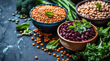 Vibrant array of lentils and beans with fresh herbs on dark background