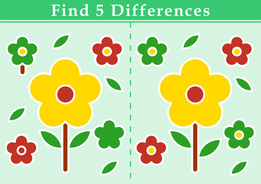 Find 5 differences. educational game for children. illustration of cartoon the sunflower. Education worksheet Printable A4 size.