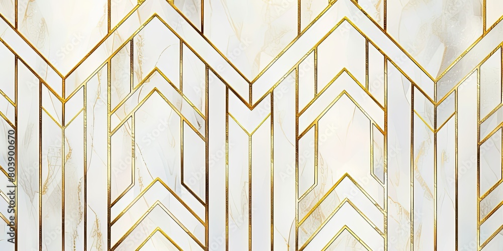 Poster white background with gold lines in an art deco style, featuring symmetrical geometric patterns for 
