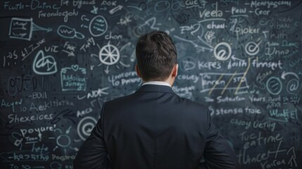 Businessman analyzing complex data on chalkboard