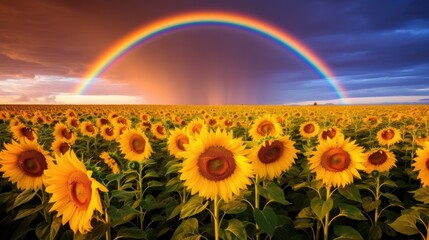 Obraz premium Vibrant sunflower field with rainbow