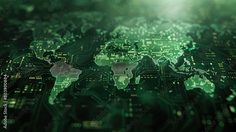 Poster 3d circuit board with digital world map