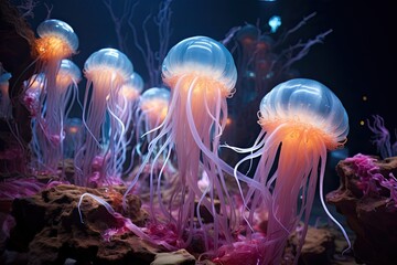 Naklejka premium Ethereal jellyfish underwater scene