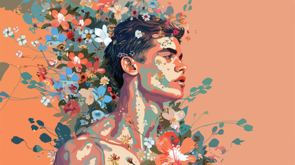 Creative portrait of handsome young man with flowers