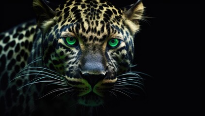 Intense green-eyed leopard in the dark