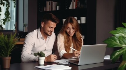 Home accounting  couple managing finances together on sofa, sorting tax forms, bills, invoices