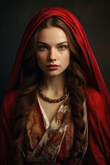 mysterious woman in red hooded cloak
